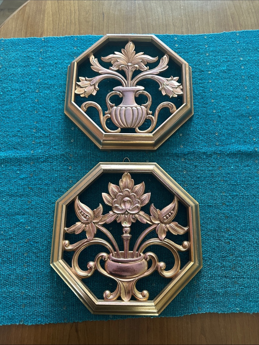 Vintage 1962 Syroco Gold/Copper Floral Octagon Wall Plaques - Set of 2